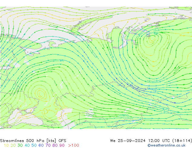 Linea di flusso 500 hPa GFS mer 25.09.2024 12 UTC