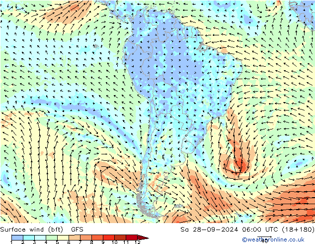 Rüzgar 10 m (bft) GFS Cts 28.09.2024 06 UTC