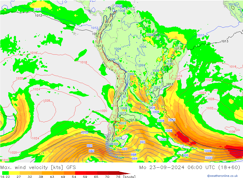 Max. wind velocity GFS пн 23.09.2024 06 UTC