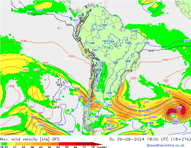 Max. wind velocity GFS dim 29.09.2024 18 UTC