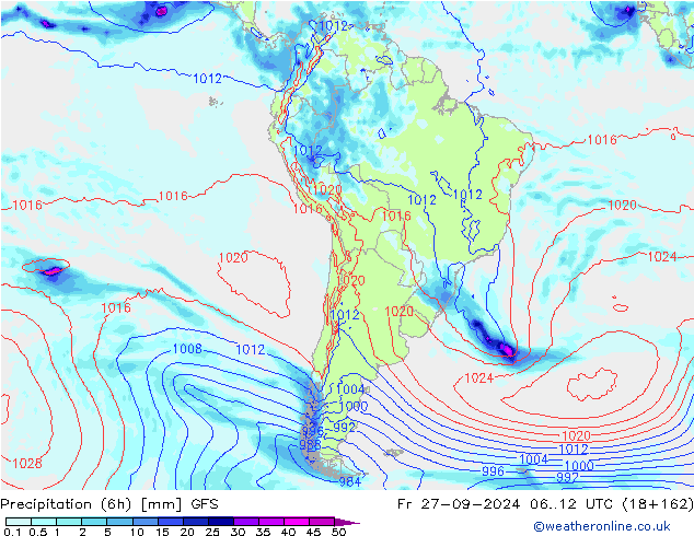 Precipitation (6h) GFS Fr 27.09.2024 12 UTC