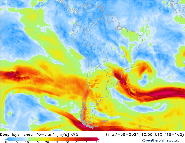 Deep layer shear (0-6km) GFS Fr 27.09.2024 12 UTC