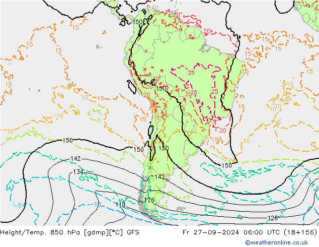 Hoogte/Temp. 850 hPa GFS vr 27.09.2024 06 UTC