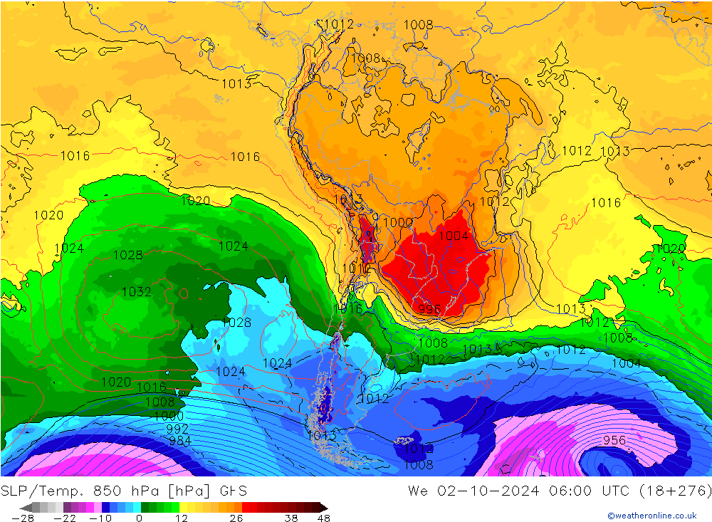 SLP/Temp. 850 hPa GFS We 02.10.2024 06 UTC