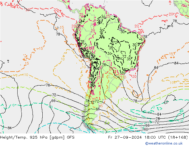 Geop./Temp. 925 hPa GFS vie 27.09.2024 18 UTC