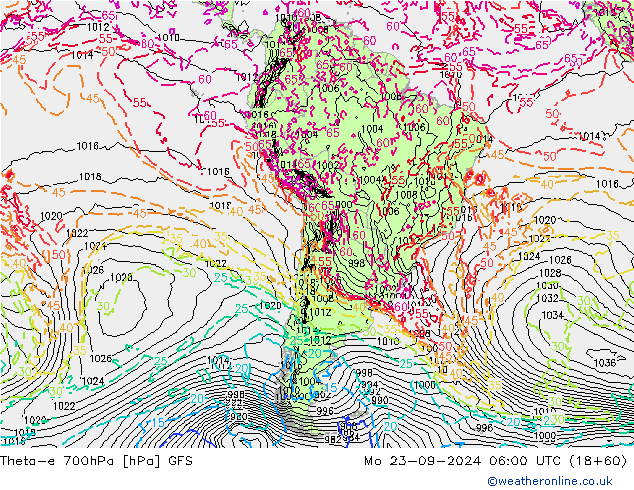 Theta-e 700hPa GFS lun 23.09.2024 06 UTC