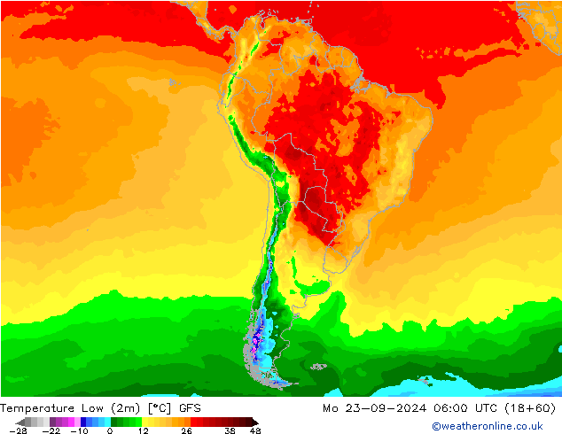 Temperature Low (2m) GFS Mo 23.09.2024 06 UTC