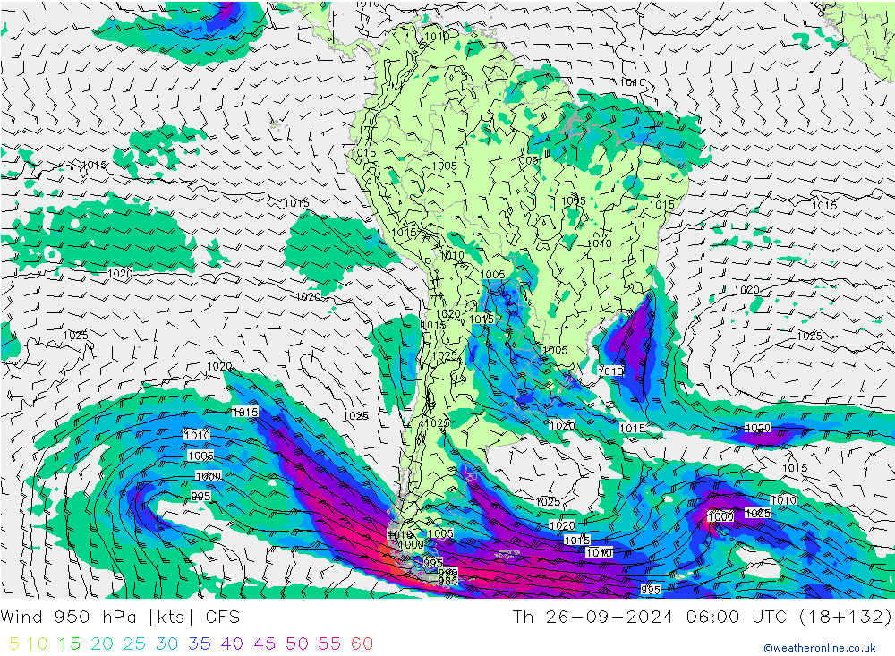 Vento 950 hPa GFS gio 26.09.2024 06 UTC