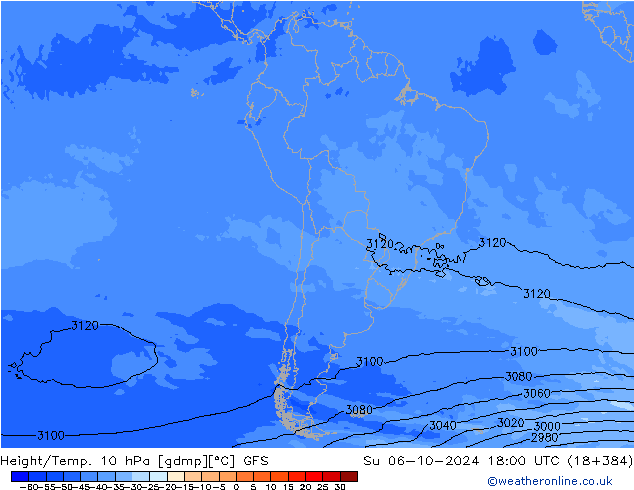 Geop./Temp. 10 hPa GFS dom 06.10.2024 18 UTC