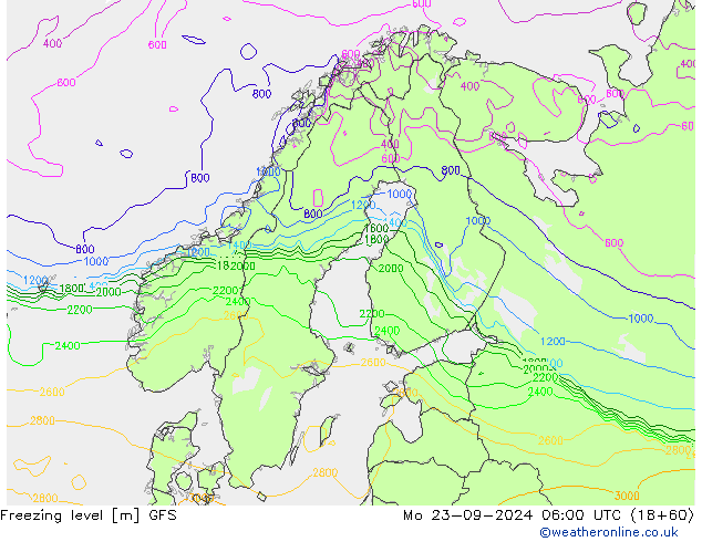 Nulgradenniveau GFS ma 23.09.2024 06 UTC