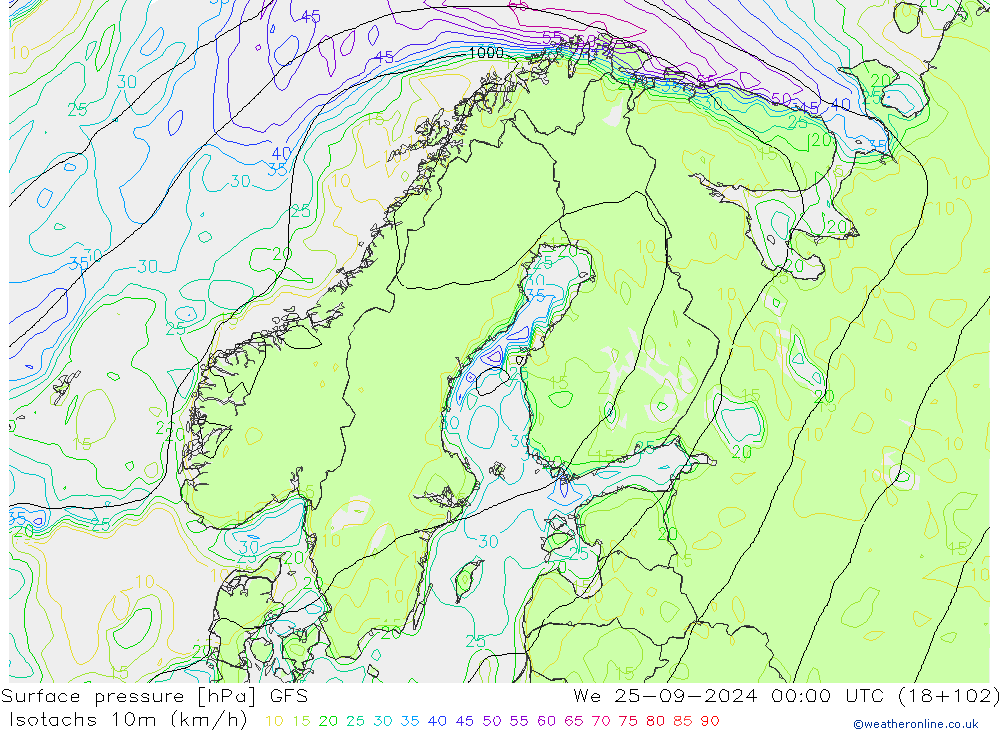 Eşrüzgar Hızları (km/sa) GFS Çar 25.09.2024 00 UTC