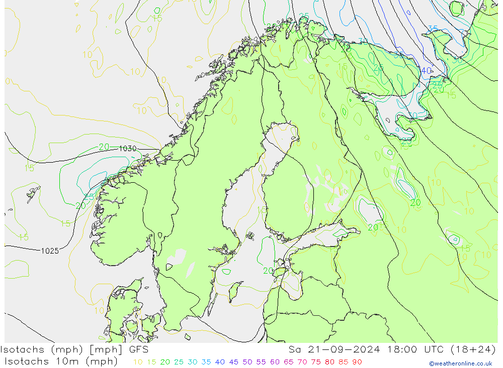 Isotachs (mph) GFS Sáb 21.09.2024 18 UTC