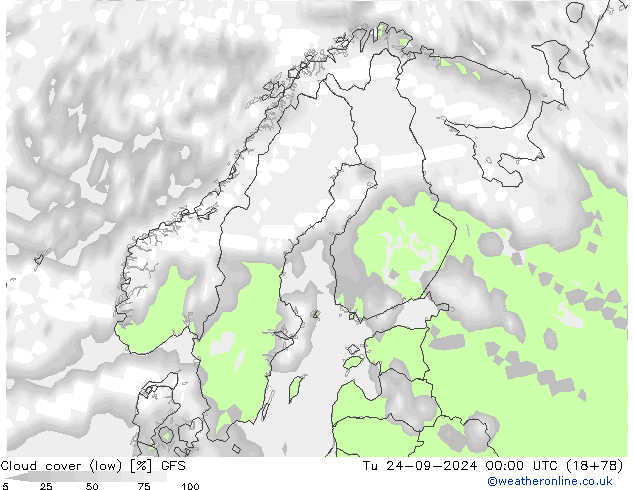 Cloud cover (low) GFS Tu 24.09.2024 00 UTC