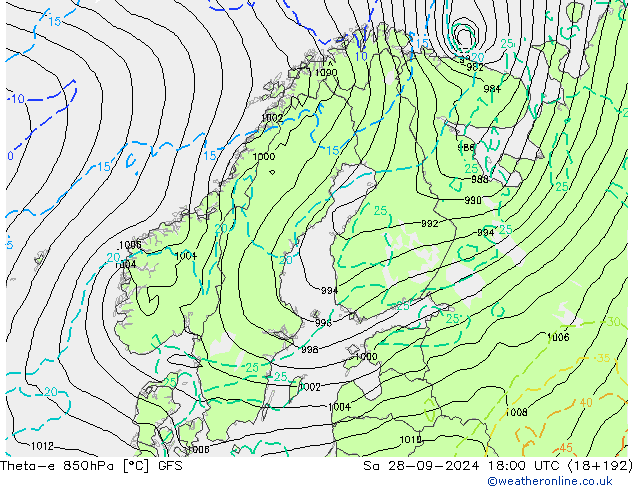 Theta-e 850hPa GFS Sáb 28.09.2024 18 UTC