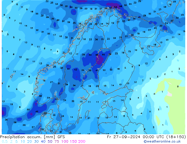 Précipitation accum. GFS ven 27.09.2024 00 UTC