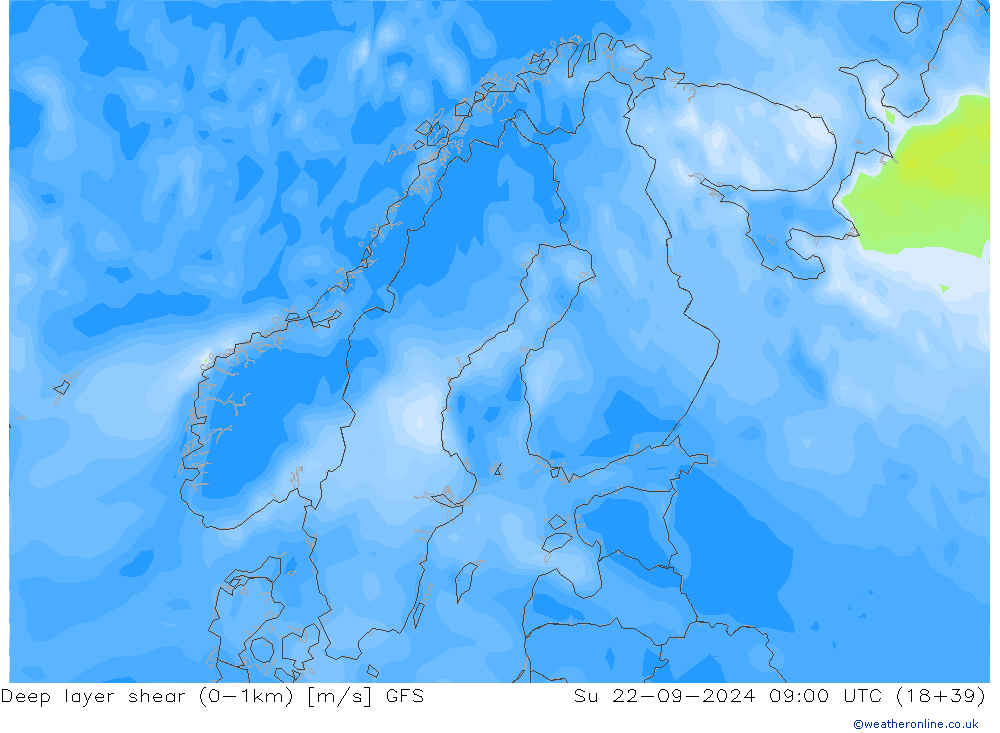 Deep layer shear (0-1km) GFS  22.09.2024 09 UTC