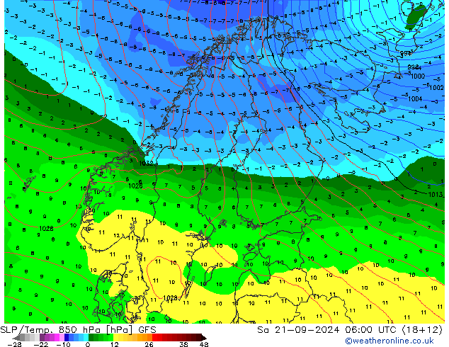 SLP/Temp. 850 hPa GFS Sa 21.09.2024 06 UTC