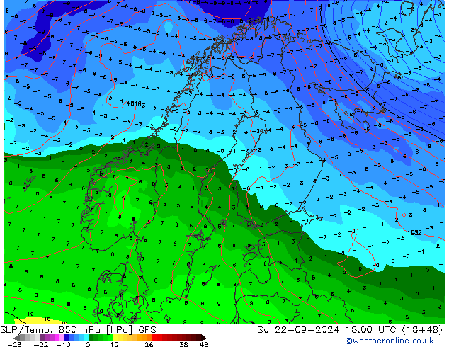 SLP/Temp. 850 hPa GFS So 22.09.2024 18 UTC