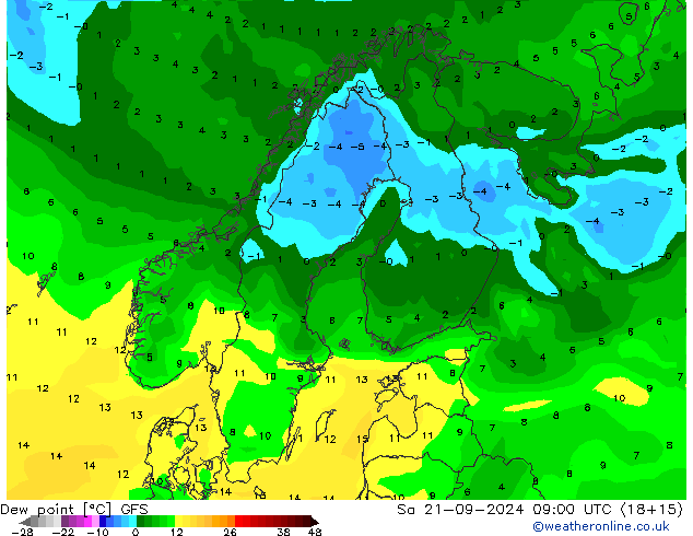 Punto di rugiada GFS sab 21.09.2024 09 UTC