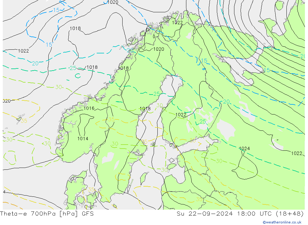 Theta-e 700hPa GFS dom 22.09.2024 18 UTC