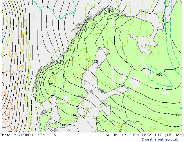 Theta-e 700hPa GFS Paz 06.10.2024 18 UTC