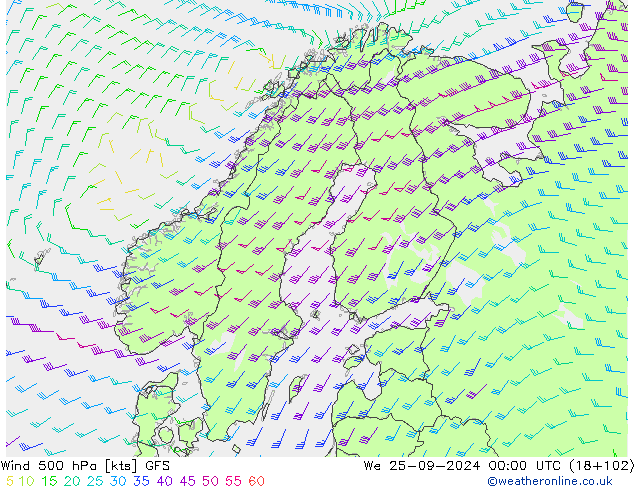 Vent 500 hPa GFS mer 25.09.2024 00 UTC