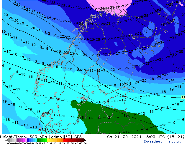 Height/Temp. 500 hPa GFS Sa 21.09.2024 18 UTC