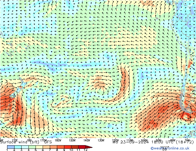 Wind 10 m (bft) GFS ma 23.09.2024 18 UTC