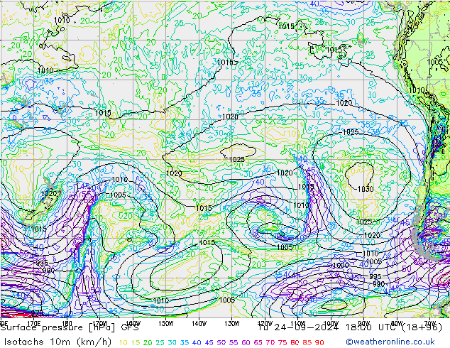 Isotachs (kph) GFS Ter 24.09.2024 18 UTC