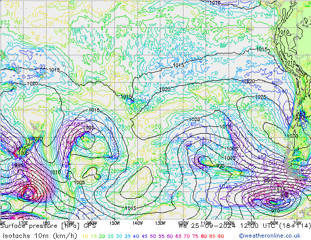 Isotachs (kph) GFS  25.09.2024 12 UTC