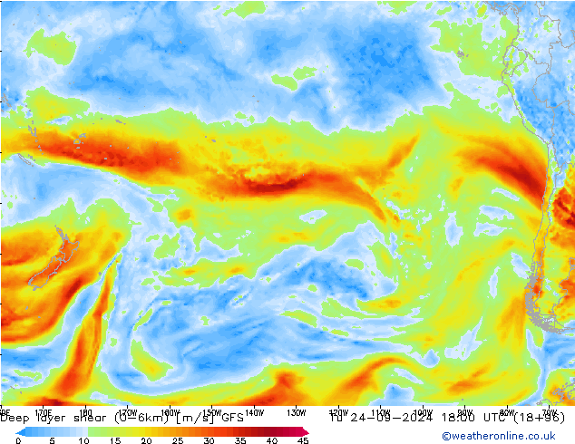 Deep layer shear (0-6km) GFS Tu 24.09.2024 18 UTC