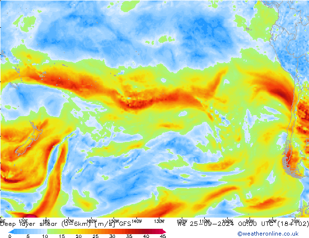 Deep layer shear (0-6km) GFS Qua 25.09.2024 00 UTC