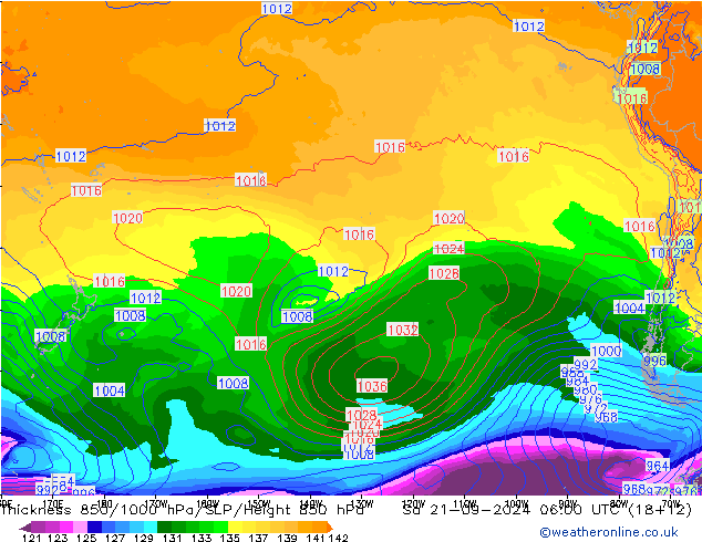 Espesor 850-1000 hPa GFS sáb 21.09.2024 06 UTC