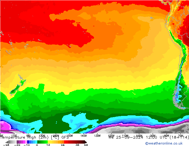 Temperatura máx. (2m) GFS mié 25.09.2024 12 UTC