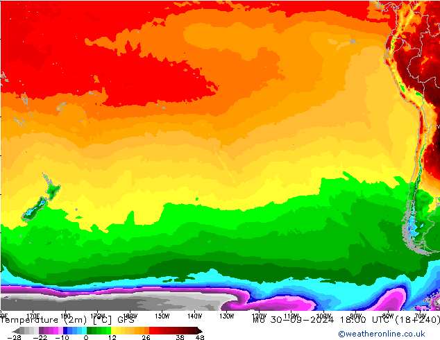 mapa temperatury (2m) GFS pon. 30.09.2024 18 UTC