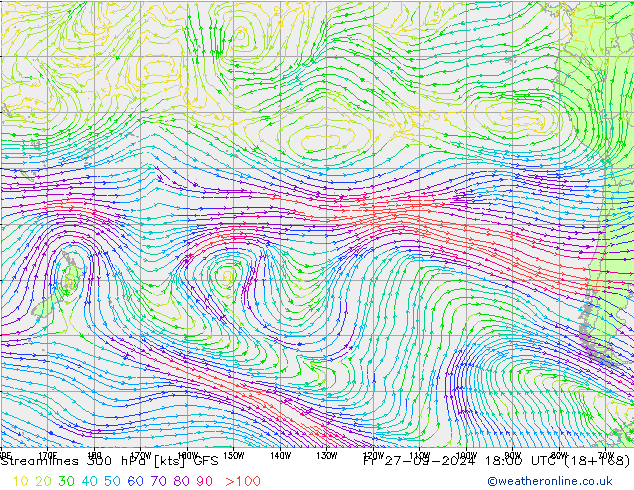 Stromlinien 300 hPa GFS Fr 27.09.2024 18 UTC