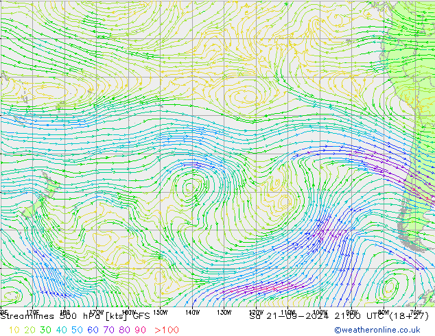 Línea de corriente 500 hPa GFS sáb 21.09.2024 21 UTC