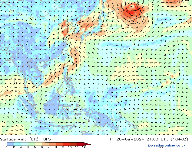 Vent 10 m (bft) GFS ven 20.09.2024 21 UTC