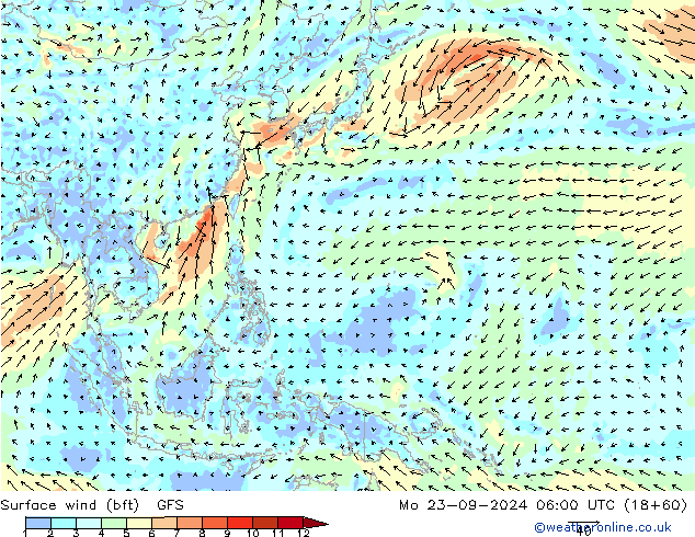 Surface wind (bft) GFS Mo 23.09.2024 06 UTC