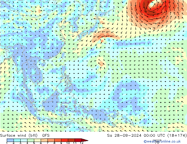 Wind 10 m (bft) GFS za 28.09.2024 00 UTC