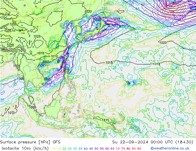 Isotachs (kph) GFS Su 22.09.2024 00 UTC