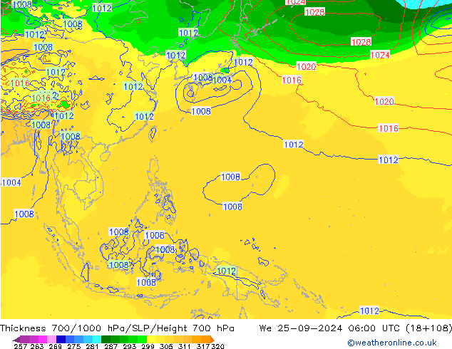 Thck 700-1000 hPa GFS mer 25.09.2024 06 UTC