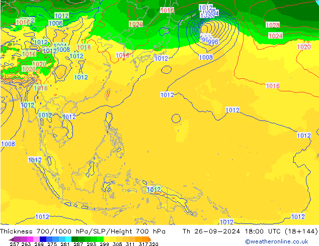 Espesor 700-1000 hPa GFS jue 26.09.2024 18 UTC