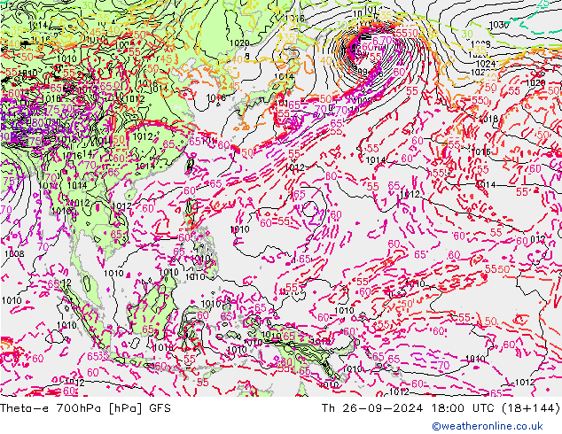 Theta-e 700hPa GFS czw. 26.09.2024 18 UTC