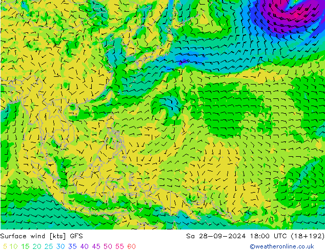 Vent 10 m GFS sam 28.09.2024 18 UTC