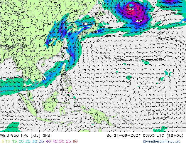 Vento 950 hPa GFS Sáb 21.09.2024 00 UTC