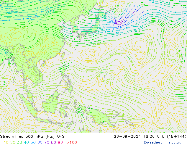 Streamlines 500 hPa GFS Čt 26.09.2024 18 UTC