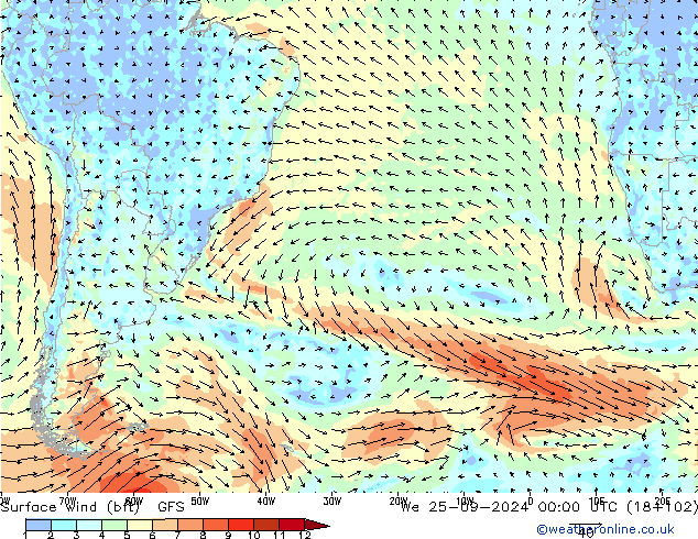 Vent 10 m (bft) GFS mer 25.09.2024 00 UTC