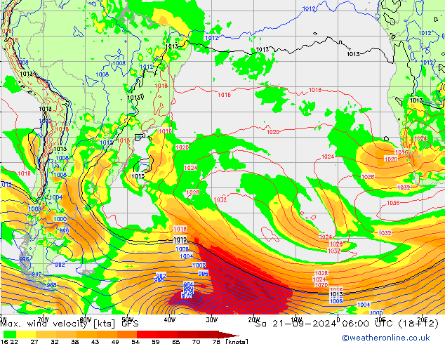 Max. wind velocity GFS sam 21.09.2024 06 UTC