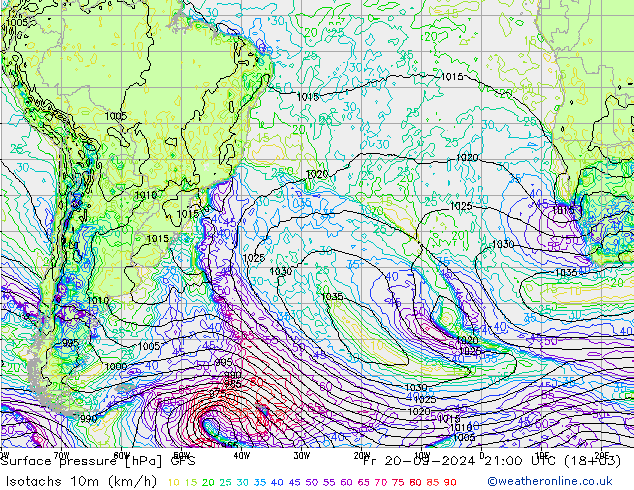 Isotachen (km/h) GFS Fr 20.09.2024 21 UTC